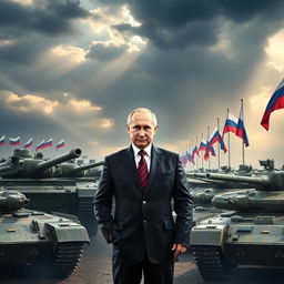 A powerful scene featuring President Putin standing confidently amidst a diverse lineup of tanks, showcasing military strength