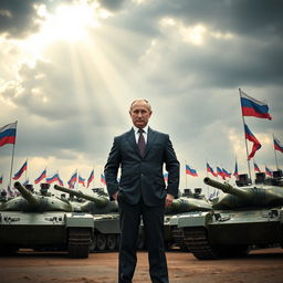 A powerful scene featuring President Putin standing confidently amidst a diverse lineup of tanks, showcasing military strength