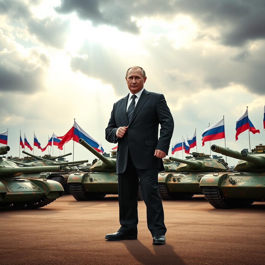 A powerful scene featuring President Putin standing confidently amidst a diverse lineup of tanks, showcasing military strength