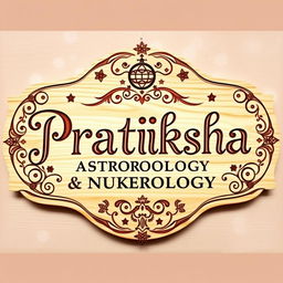 A beautifully crafted wooden board featuring the words 'Pratiksha Astrology & Numerology' in elegant, artistic lettering