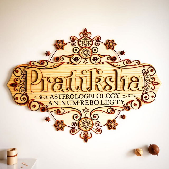 A beautifully crafted wooden board featuring the words 'Pratiksha Astrology & Numerology' in elegant, artistic lettering