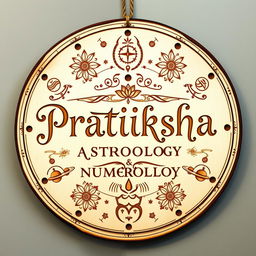 A beautifully crafted wooden board featuring the words 'Pratiksha Astrology & Numerology' in elegant, artistic lettering