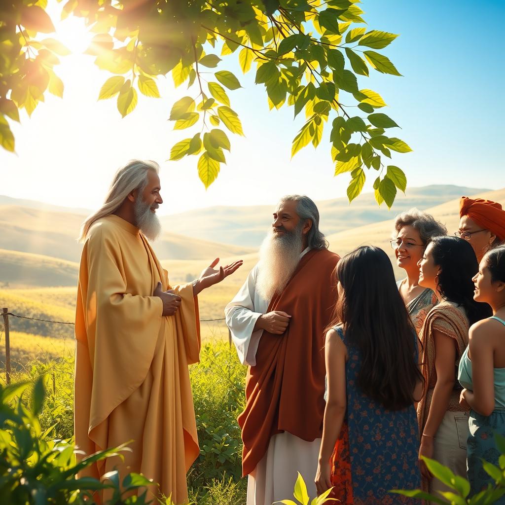 A serene scene depicting a saint in traditional robes, engaged in a warm conversation with a diverse group of people