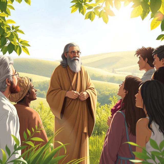 A serene scene depicting a saint in traditional robes, engaged in a warm conversation with a diverse group of people