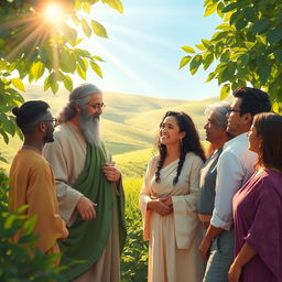 A serene scene depicting a saint in traditional robes, engaged in a warm conversation with a diverse group of people