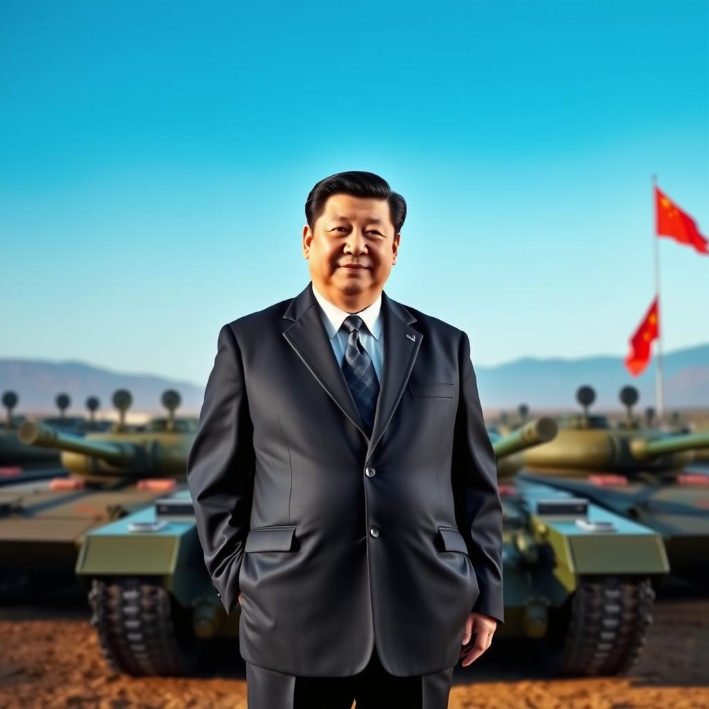 A commanding scene featuring President Xi Jinping standing assertively in front of a lineup of formidable tanks, symbolizing military power