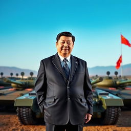 A commanding scene featuring President Xi Jinping standing assertively in front of a lineup of formidable tanks, symbolizing military power