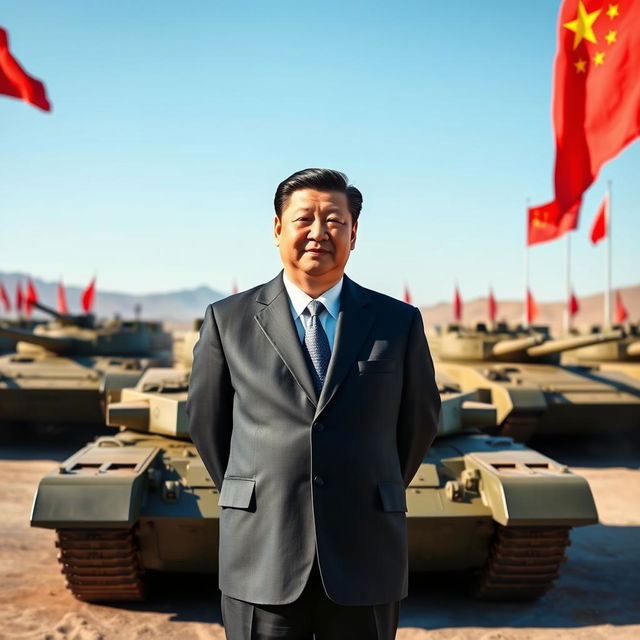 A commanding scene featuring President Xi Jinping standing assertively in front of a lineup of formidable tanks, symbolizing military power