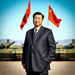 A commanding scene featuring President Xi Jinping standing assertively in front of a lineup of formidable tanks, symbolizing military power