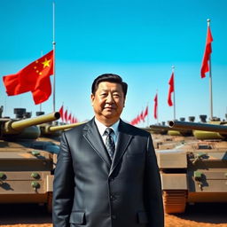 A commanding scene featuring President Xi Jinping standing assertively in front of a lineup of formidable tanks, symbolizing military power