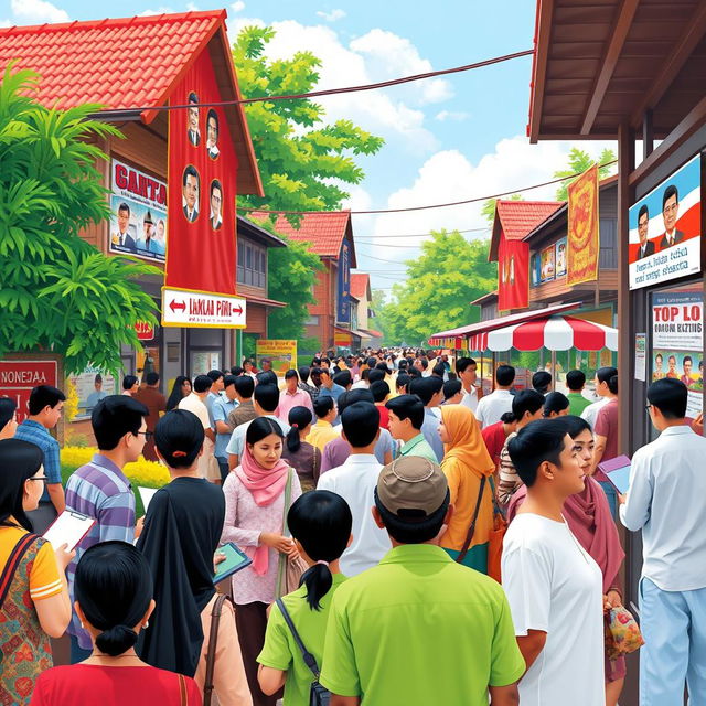 A vibrant scene depicting the Indonesian Pilkada (regional elections) in 2024, featuring a diverse crowd of voters gathered at a polling station with colorful banners and posters of various candidates in the background