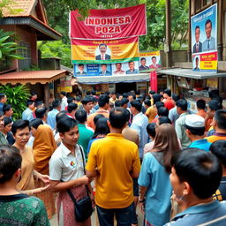A vibrant scene depicting the Indonesian Pilkada (regional elections) in 2024, featuring a diverse crowd of voters gathered at a polling station with colorful banners and posters of various candidates in the background