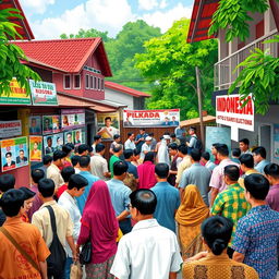 A vibrant scene depicting the Indonesian Pilkada (regional elections) in 2024, featuring a diverse crowd of voters gathered at a polling station with colorful banners and posters of various candidates in the background