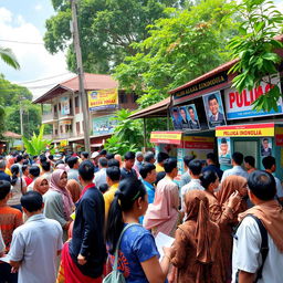 A vibrant scene depicting the Indonesian Pilkada (regional elections) in 2024, featuring a diverse crowd of voters gathered at a polling station with colorful banners and posters of various candidates in the background
