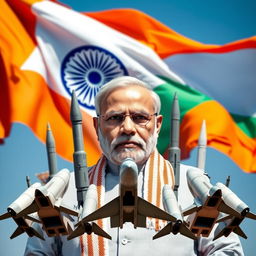 A striking portrait of Prime Minister Narendra Modi with an intense, determined expression, surrounded by an impressive display of missiles representing India's military capabilities
