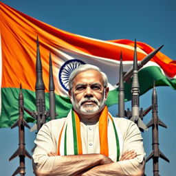 A striking portrait of Prime Minister Narendra Modi with an intense, determined expression, surrounded by an impressive display of missiles representing India's military capabilities