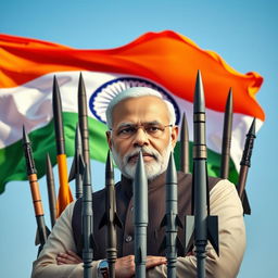 A striking portrait of Prime Minister Narendra Modi with an intense, determined expression, surrounded by an impressive display of missiles representing India's military capabilities