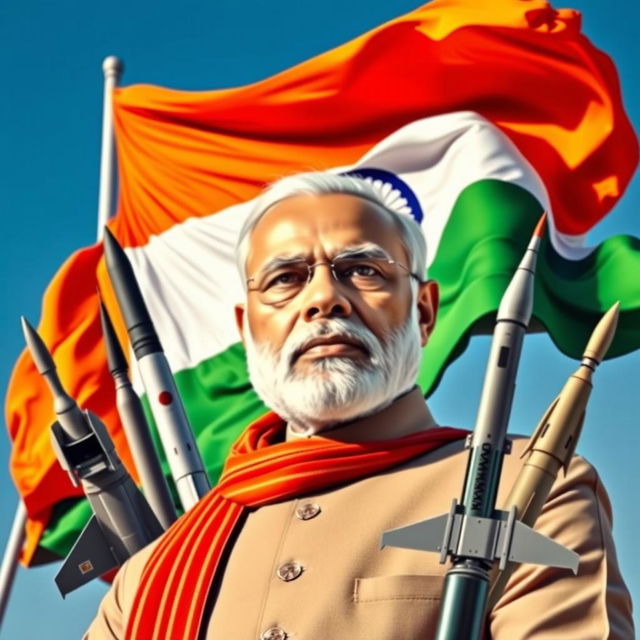 A striking portrait of Prime Minister Narendra Modi with an intense, determined expression, surrounded by an impressive display of missiles representing India's military capabilities