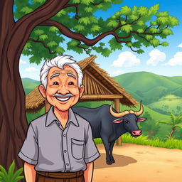 An old man standing in front of his traditional Filipino bahay kubo, a nipa hut made of bamboo and thatch, smiling warmly