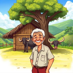 An old man standing in front of his traditional Filipino bahay kubo, a nipa hut made of bamboo and thatch, smiling warmly