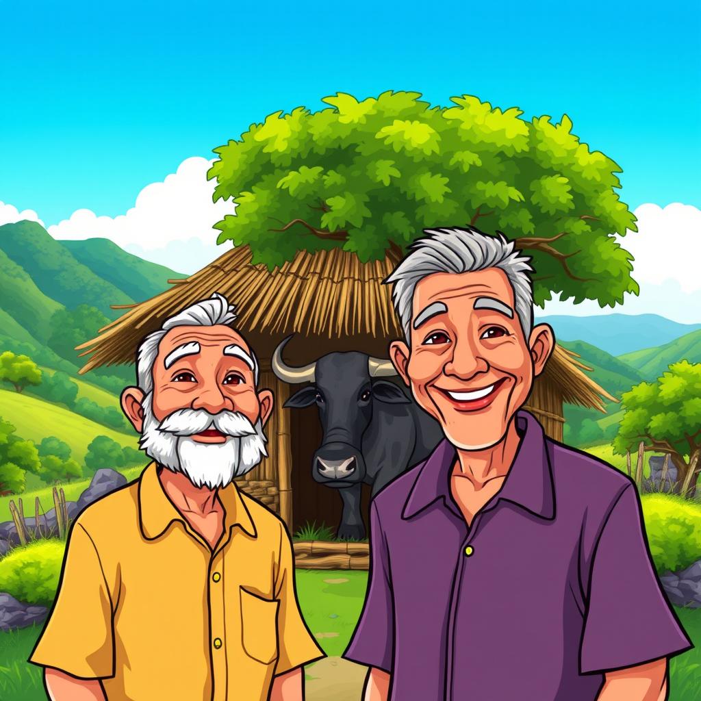 An old man standing in front of his traditional Filipino bahay kubo, a nipa hut made of bamboo and thatch, smiling warmly