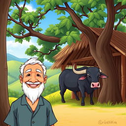 An old man standing in front of his traditional Filipino bahay kubo, a nipa hut made of bamboo and thatch, smiling warmly
