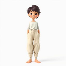 A large and beautiful cartoon model wearing loose-fitting basic pants with a long cotton shirt and wool socks, barefoot, standing against a white background