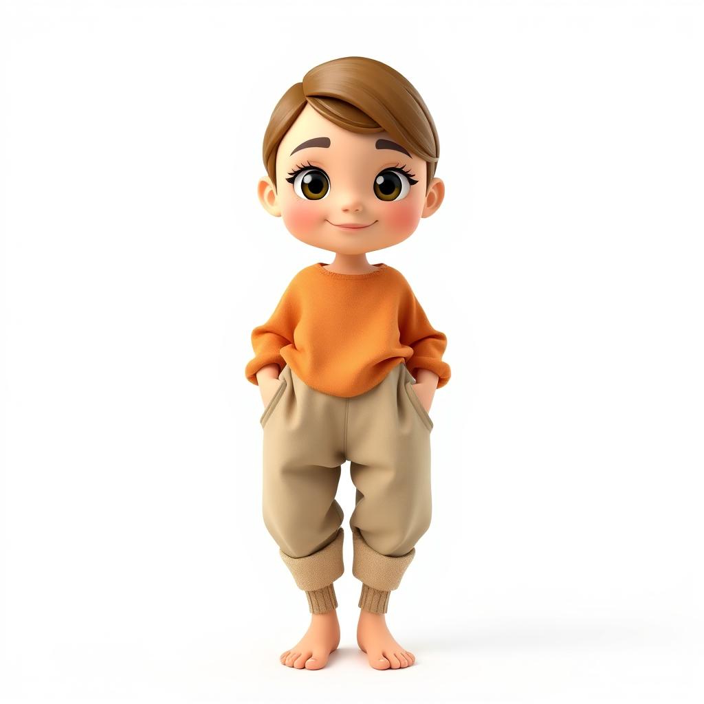 A large and beautiful cartoon model wearing loose-fitting basic pants with a long cotton shirt and wool socks, barefoot, standing against a white background