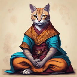 Capture an image of a Tabaxi monk, a feline humanoid from the Dungeons and Dragons universe, in a contemplative pose