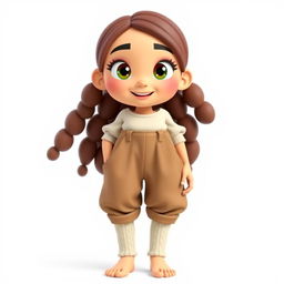 A large and beautiful cartoon model wearing loose-fitting basic pants with a long cotton shirt and wool socks, barefoot, standing against a white background
