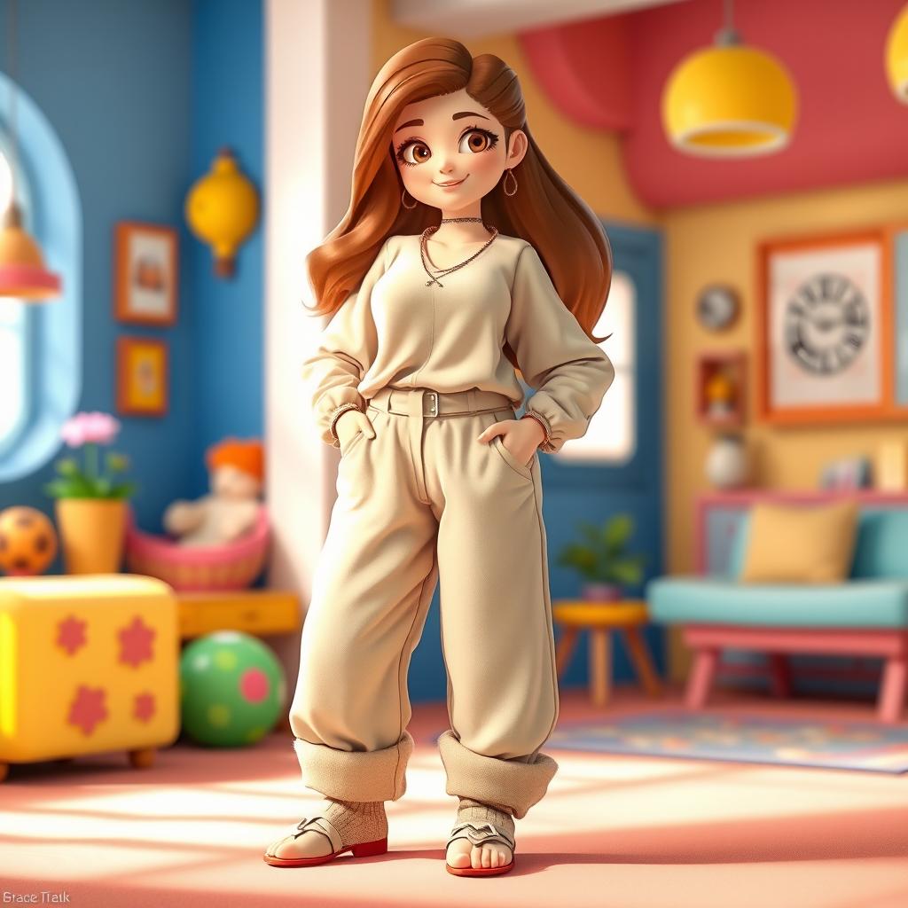 A large, beautiful cartoon model wearing loose-fitting basic pants, a long cotton shirt, and thick wool socks without shoes