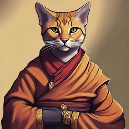 Capture an image of a Tabaxi monk, a feline humanoid from the Dungeons and Dragons universe, in a contemplative pose