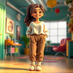 A large, beautiful cartoon model wearing loose-fitting basic pants, a long cotton shirt, and thick wool socks without shoes