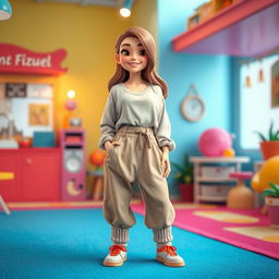 A large, beautiful cartoon model wearing loose-fitting basic pants, a long cotton shirt, and thick wool socks without shoes