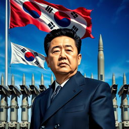 A dynamic portrait of the President of South Korea, depicted with an intense and determined expression, standing boldly in front of a lineup of advanced missiles, symbolizing national defense and military readiness