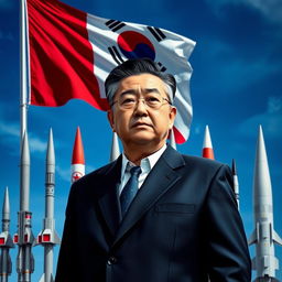 A dynamic portrait of the President of South Korea, depicted with an intense and determined expression, standing boldly in front of a lineup of advanced missiles, symbolizing national defense and military readiness