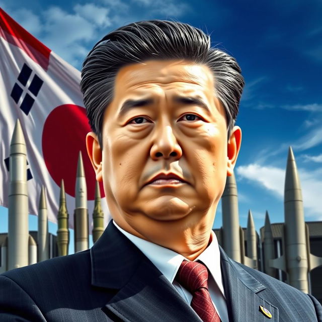 A dynamic portrait of the President of South Korea, depicted with an intense and determined expression, standing boldly in front of a lineup of advanced missiles, symbolizing national defense and military readiness