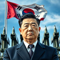 A dynamic portrait of the President of South Korea, depicted with an intense and determined expression, standing boldly in front of a lineup of advanced missiles, symbolizing national defense and military readiness