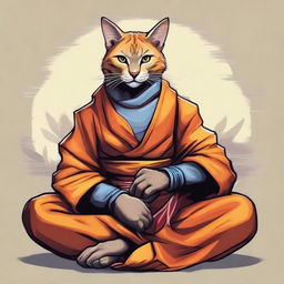 Capture an image of a Tabaxi monk, a feline humanoid from the Dungeons and Dragons universe, in a contemplative pose