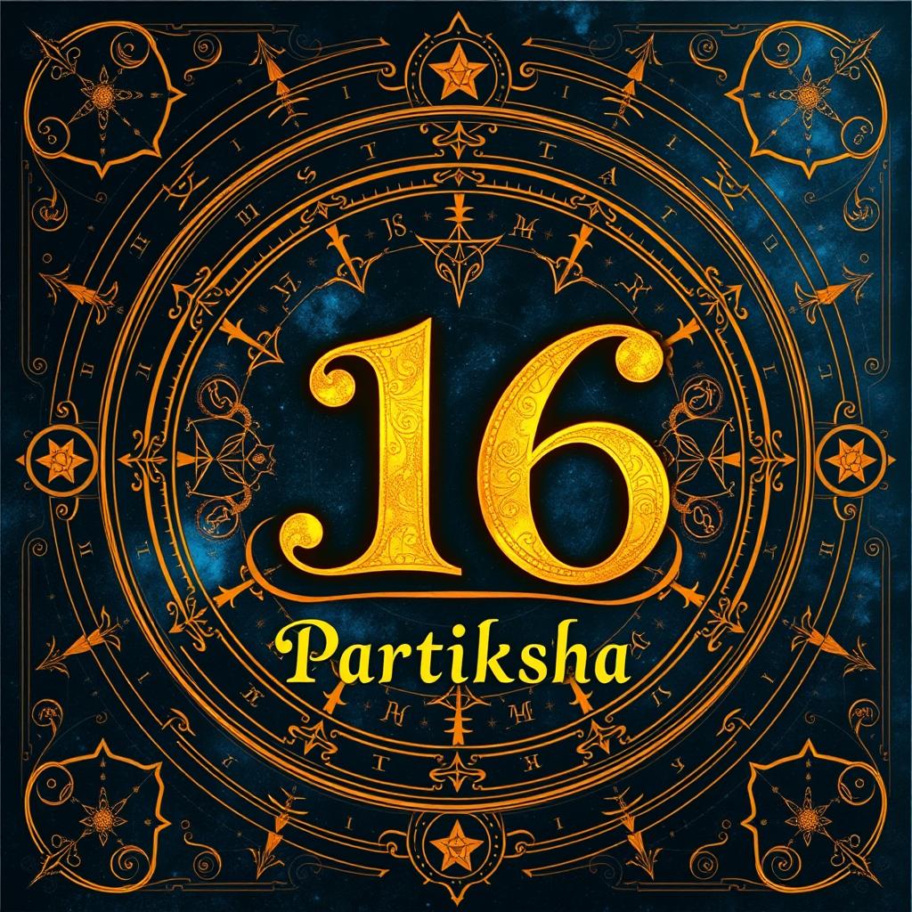 A beautifully designed astrology board featuring the number 16 prominently displayed in an artistic font alongside the text 'Pratiksha Astrology'