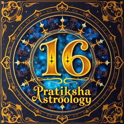 A beautifully designed astrology board featuring the number 16 prominently displayed in an artistic font alongside the text 'Pratiksha Astrology'