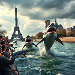 A dramatic scene depicting sharks attacking in the Seine River in Paris, with iconic landmarks like the Eiffel Tower and Notre-Dame Cathedral in the background