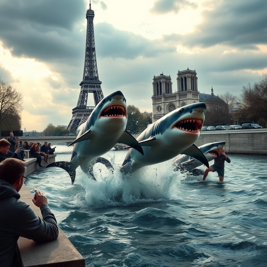 A dramatic scene depicting sharks attacking in the Seine River in Paris, with iconic landmarks like the Eiffel Tower and Notre-Dame Cathedral in the background