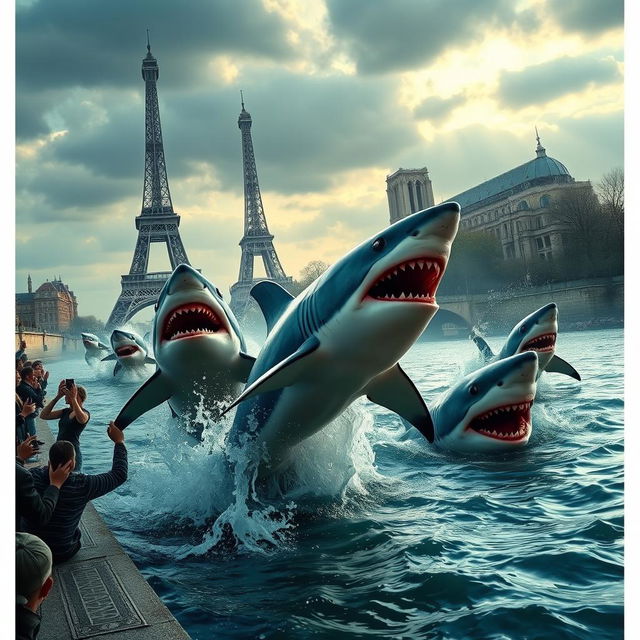 A dramatic scene depicting sharks attacking in the Seine River in Paris, with iconic landmarks like the Eiffel Tower and Notre-Dame Cathedral in the background