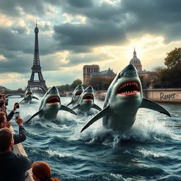 A dramatic scene depicting sharks attacking in the Seine River in Paris, with iconic landmarks like the Eiffel Tower and Notre-Dame Cathedral in the background