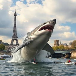 A dramatic scene depicting a large shark breaching the surface of the Seine River in Paris, with iconic landmarks like the Eiffel Tower and Notre-Dame in the background