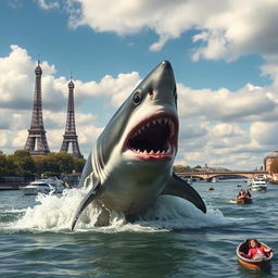 A dramatic scene depicting a large shark breaching the surface of the Seine River in Paris, with iconic landmarks like the Eiffel Tower and Notre-Dame in the background