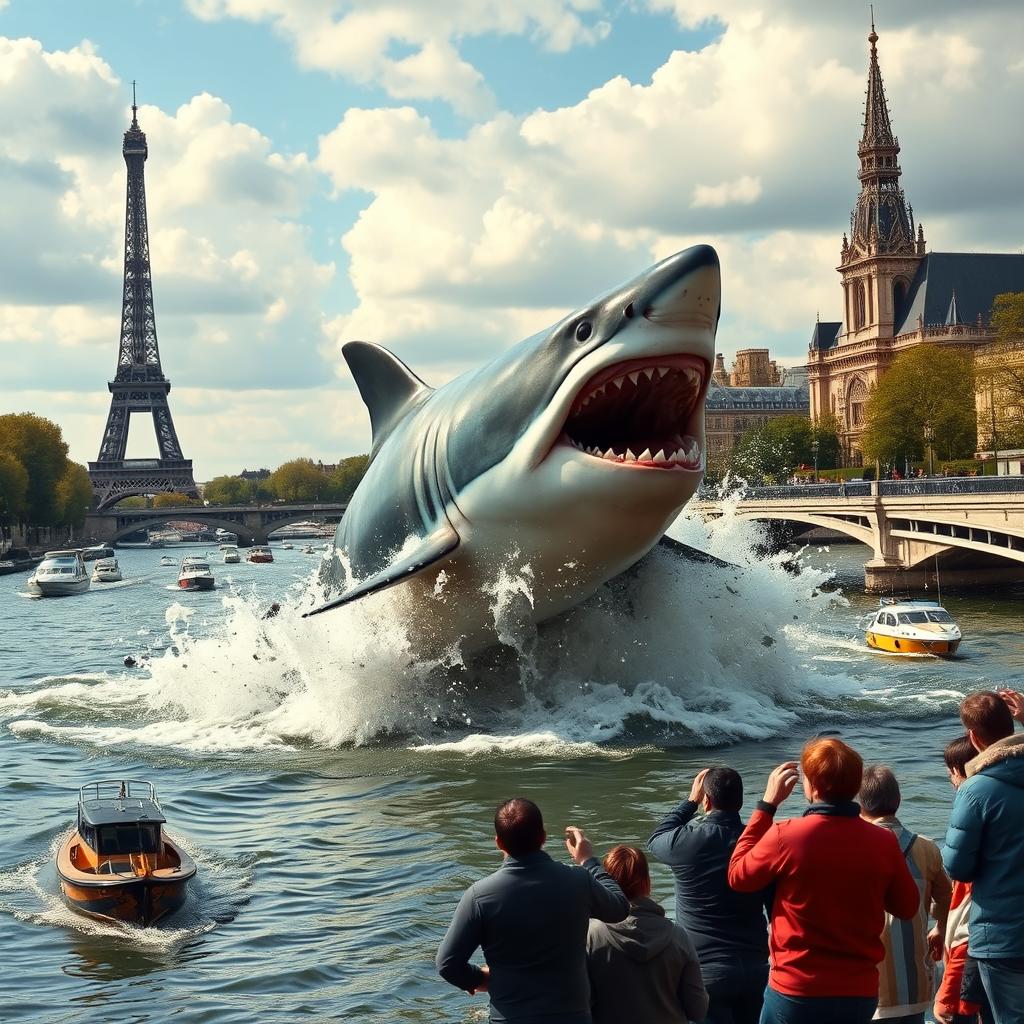 A dramatic scene depicting a large shark breaching the surface of the Seine River in Paris, with iconic landmarks like the Eiffel Tower and Notre-Dame in the background