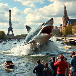 A dramatic scene depicting a large shark breaching the surface of the Seine River in Paris, with iconic landmarks like the Eiffel Tower and Notre-Dame in the background
