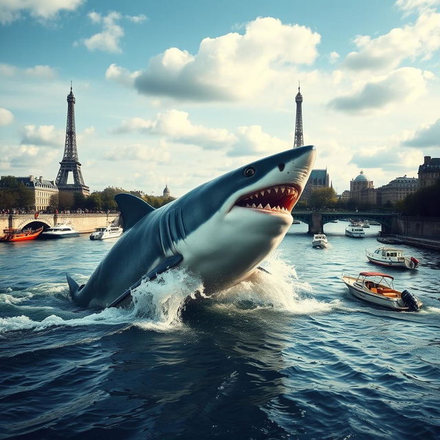 A dramatic scene depicting a large shark breaching the surface of the Seine River in Paris, with iconic landmarks like the Eiffel Tower and Notre-Dame in the background